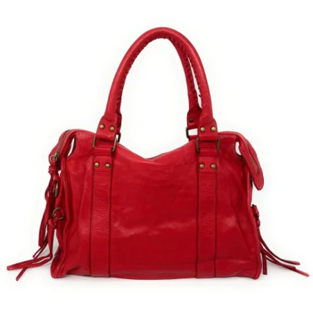 Sac de cours femme tendance en cuir italien pur cuir de vachette porté épaule avec bandoulière rouge fraise