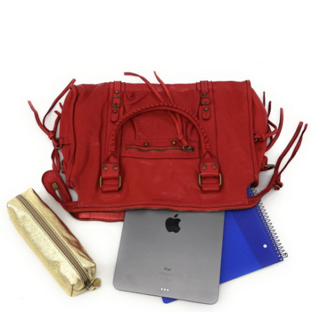 Sac à main haut de gamme femme en cuir porté épaule avec bandoulière amovible rouge fraise sac de rentrée