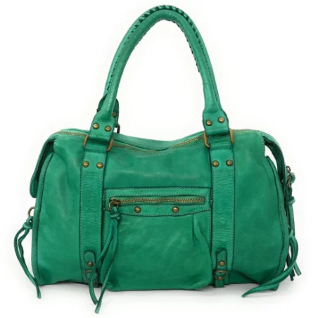 Sac à main femme tendance en cuir italien vintage porté main épaule et bandoulière vert véronèse