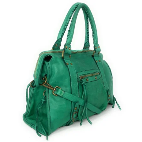 Sac de rentrée mode femme en cuir italien pur cuir de vachette porté main et bandoulière vert véronèse