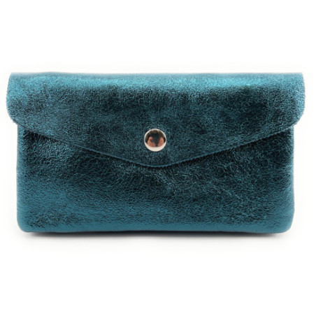 Micro sac pochette porte-monnaie femme en cuir irisé fabriqué en Italie bleu canard