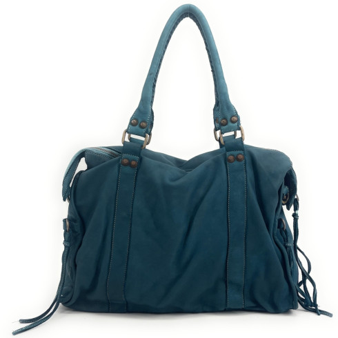 Sac femme de rentrée en cuir italien porté épaule avec bandoulière bleu canard sac tendance