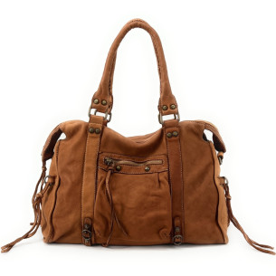 Grand sac à main mode femme en cuir italien vintage tendance porté épaule avec bandoulière amovible camel