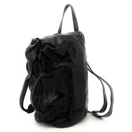 Sac bowling en cuir italien pur vachette haut de gamme souple vintage délavé avec double bandoulière amovible noir