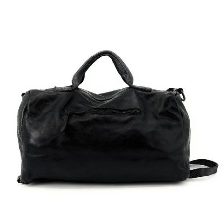 Grand sac à main en cuir vintage délavé bowling porté main dos avec bandoulière amovible et reglable noir