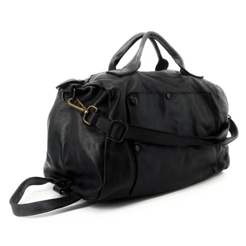 Grand sac bowling en vintage délavé pur vachette avec deux bandoulière noir made in italy