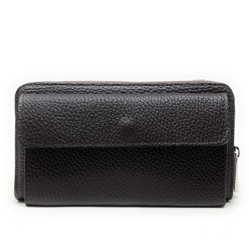 Sac portefeuille femme tendance en cuir grainé porté main bandoulière et de travers chocolat
