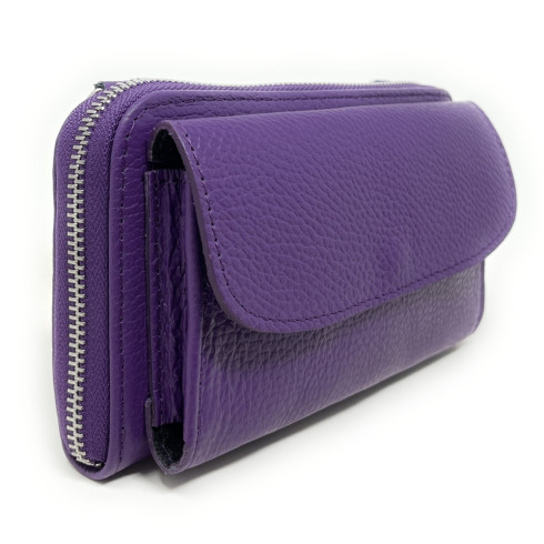 Sac portefeuille femme tendance en cuir grainé porté main bandoulière et de travers violet