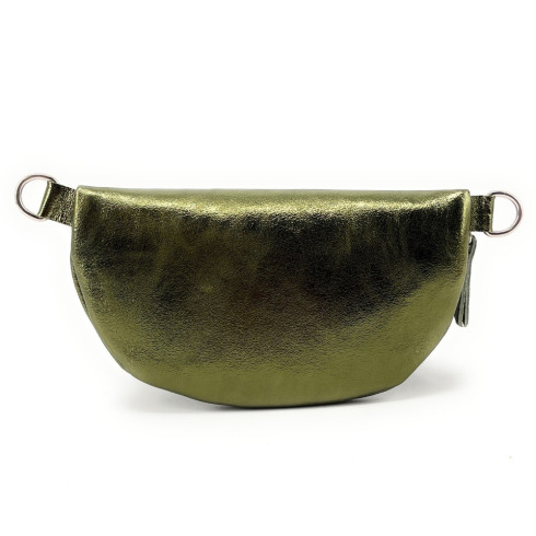 Sac banane femme tendance en cuir irisé italien porté de travers avec bandoulière réglable kaki irisé