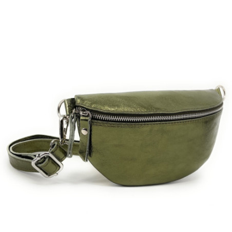 Sac banane tendance femme en cuir italien irisé porté à la taille avec bandoulière amovible kaki irisé