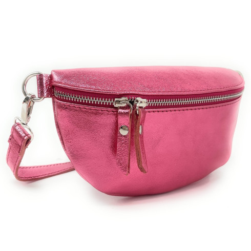 Sac banane tendance femme en cuir italien irisé porté à la taille avec bandoulière amovible rose néon