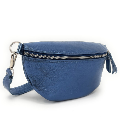 Sac banane femme tendance en cuir italien irisé porté de travers avec bandoulière amovible cobalt irisé