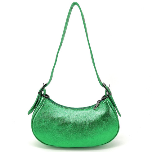 Sac baguette femme tendance en cuir italien grainé métallisé porté épaule vert intense irisé