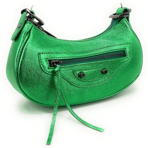 Mini sac à main femme tendance en cuir métallisé porté épaule avec bandoulière amovible vert intense irisé sac baguette