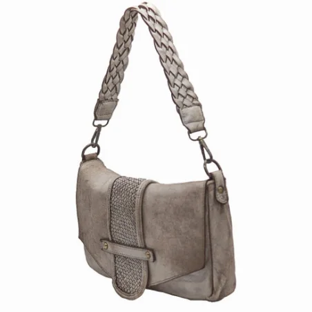 Grand sac a main femme baguette porté épaule en cuir vintage souple délavé irisé avec bandoulière amovible et reglable taupe