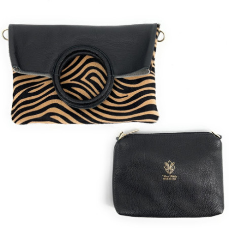 Sac multiposition femme tendance en cuir italien pur cuir de vachette porté épaule et main zèbre noir camel