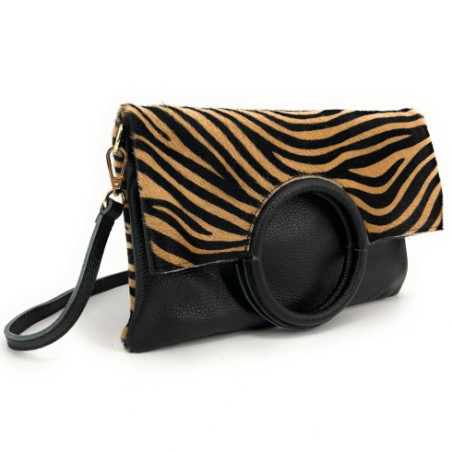 Sac à main femme tendance en cuir à motif porté main épaule bandoulière et de travers zèbre noir camel