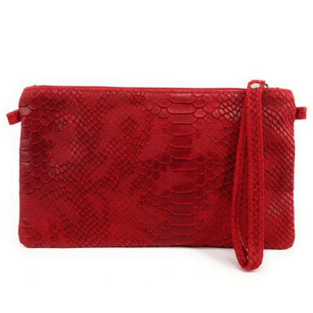 Sac pochette femme très tendance en cuir italien façon serpent porté main et bandoulière rouge vermillon