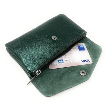 Mini-sac pochette porte-monnaie pour femme cuir irisé pur vachette haut de gamme vert sapin