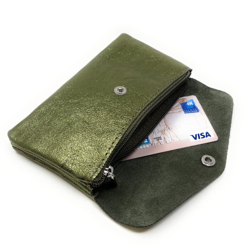 Pochette porte-monnaie cuir brillant superbe couleur kaki pur de vachette pour femme fabriqué en Italie