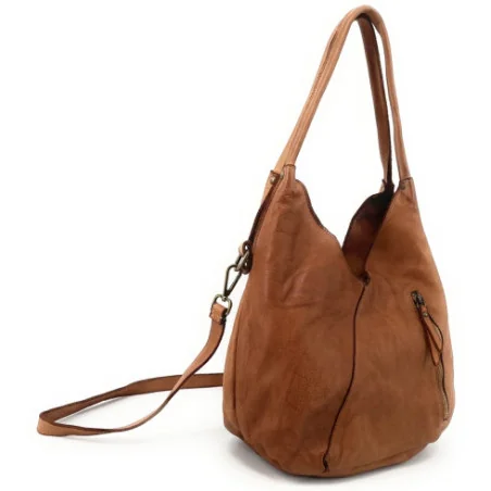 Sac hobo femme en cuir souple vintage pur vachette porté épaule avec bandoulière marron camel sac tendance