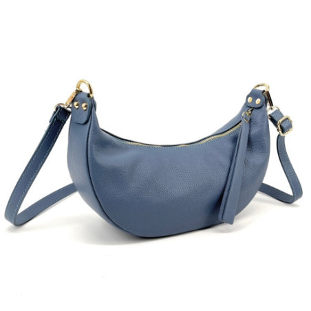 Sac femme forme baguette en cuir grainé italien sac hobo pur vachette bleu porté épaule
