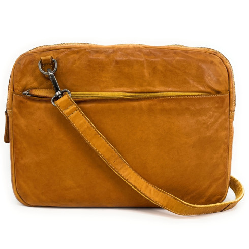 Sacoche pochette multimédia ordinateur en cuir pleine fleur souple délavé jaune moutarde pur vachette porté bandoulière