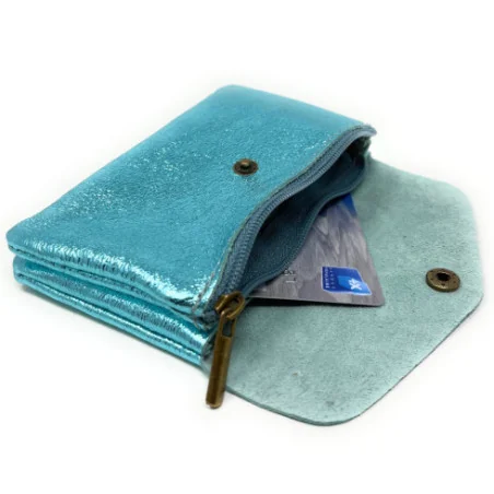 Porte-monnaie pochette irisé en cuir femme pur de vachette fabriqué en Italie haut de gamme bleu turquoise