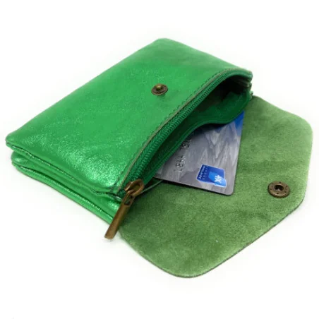 Pochette porte-monnaie porte-carte en cuir brillant femme pur vachette fabriqué en Italie rose vert anglais