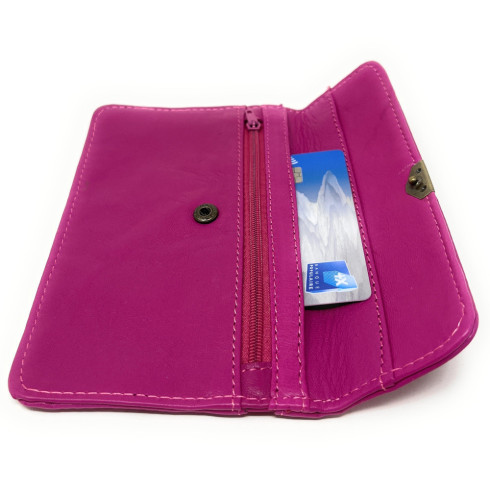 Pochette mode femme en cuir italien lisse porté main rose fuchsia porte-monnaie