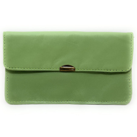 Pochette porte-monnaie femme tendance en cuir lisse porté main vert pistache
