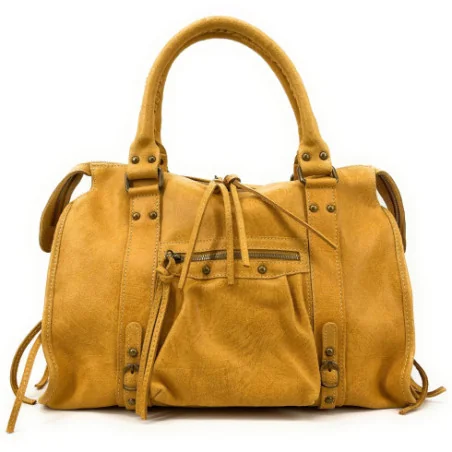 Sac à main tendance femme en cuir brossé porté main épaule bandoulière et de travers jaune moutarde