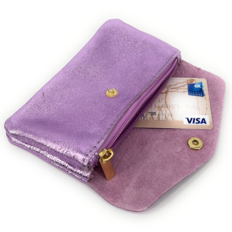 Pochette porte-monnaie femme cuir métallisé pur de vachette fabriqué en Italie haut de gamme mauve