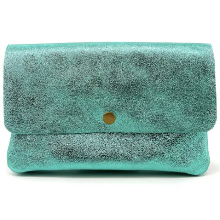 Mini sac pochette femme tendance en cuir italien irisé porté main et de travers lagon
