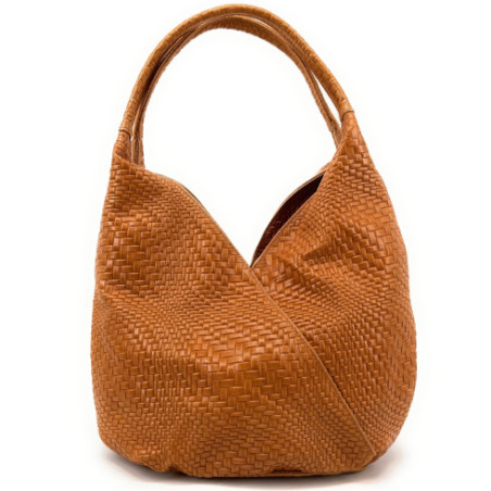 Sac à main hobo tendance femme en cuir embossé tressage porté épaule camel