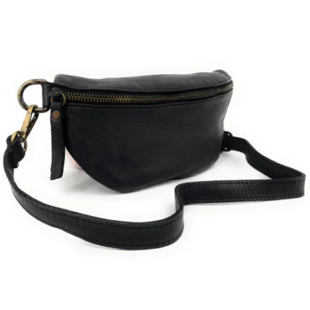 Sac banane en cuir vintage italien pur de vachette noir porté taille et crossbody avec bandoulière