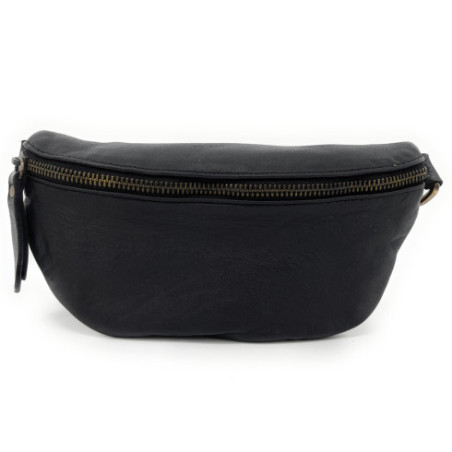 Sac banane en cuir noir pleine fleur souple délavé pur vachette haut de gamme porté taille avec bandoulière