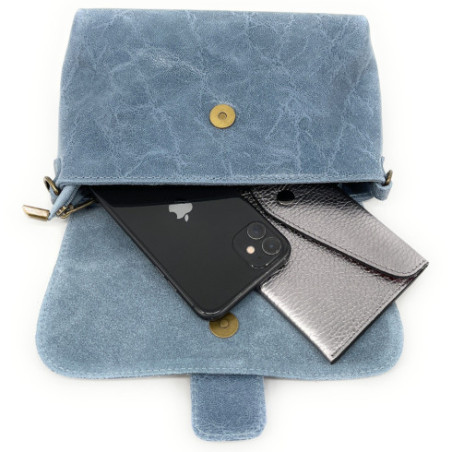 Mini sac bandoulière mode femme en cuir lise italien porté épaule bleu glacier