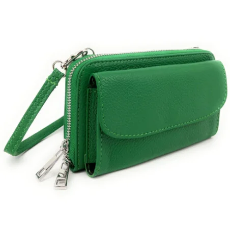 Sac pochette tendance femme en cuir italien grainé porté main et bandoulière vert prairie