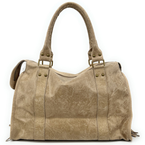 Sac à main tendance femme en cuir italien pur cuir de vachette porté main et bandoulière taupe clair