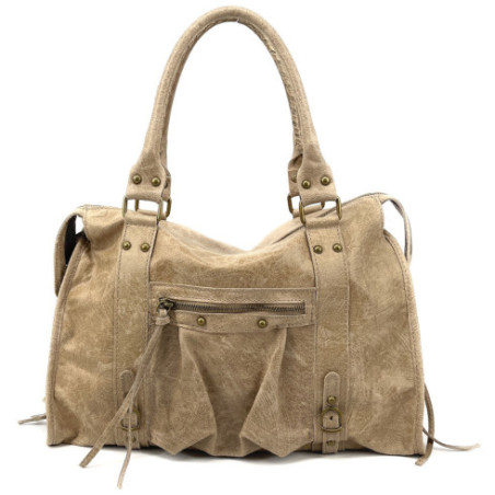Sac à main femme tendance en cuir brossé porté main épaule de travers et bandoulière taupe clair