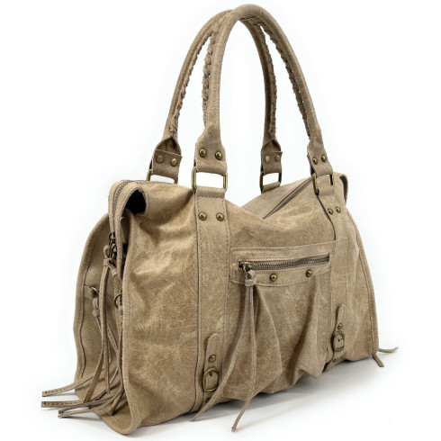 Sac très tendance en cuir à motif effet brossé porté épaule avec bandoulière amovible taupe clair