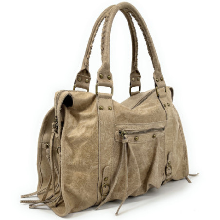 Sac très tendance en cuir à motif effet brossé porté épaule avec bandoulière amovible taupe clair
