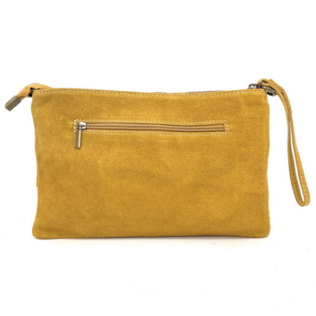 Sac très tendance femme en cuir nubuck porté main et bandoulière jaune moutarde