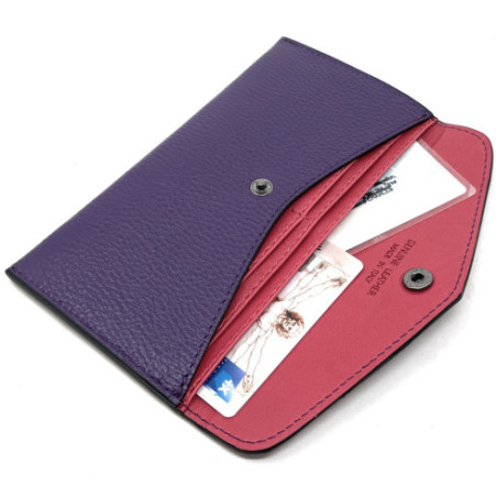 Porte-cartes portefeuille femme tendance en cuir italien grainé porté main violet