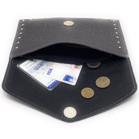 Porte-monnaie pochette très tendance femme en cuir porté main argent foncé