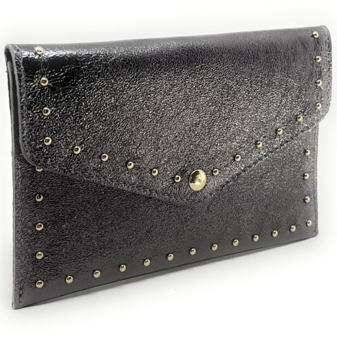 Pochette mode femme en cuir italien irisé porté main argent foncé porte-monnaie tendance