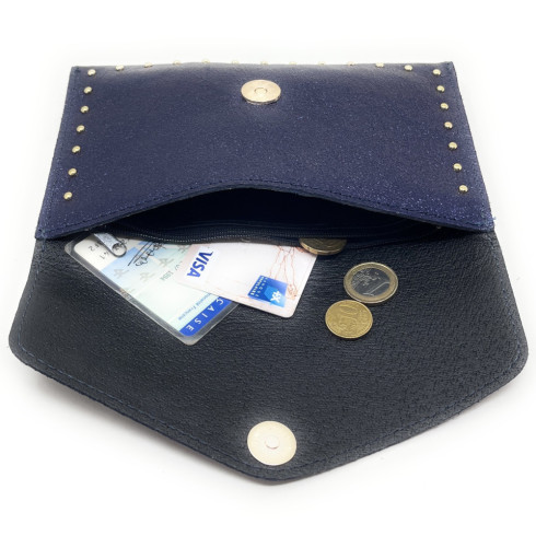 Porte-monnaie pochette haut de gamme femme en cuir porté main bleu foncé irisé