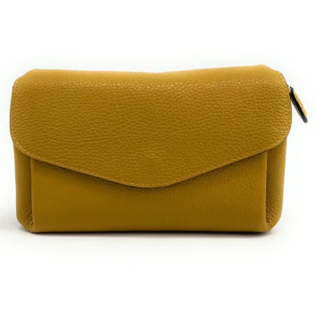 Mini sac trotteur tendance femme en cuir italien grainé porté épaule et bandoulière jaune moutarde