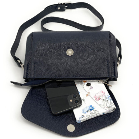 Sac femme très tendance en véritable cuir grainé porté bandoulière et épaule bleu foncé mini sac trotteur